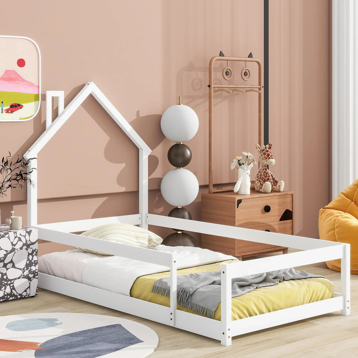 Wood Bed With House Shaped Headboard Floor Bed With Fences - Furniture Home Direct