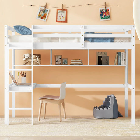 Loft Bed With Desk And Shelves, Safety Guardrail And Ladder - Furniture Home Direct