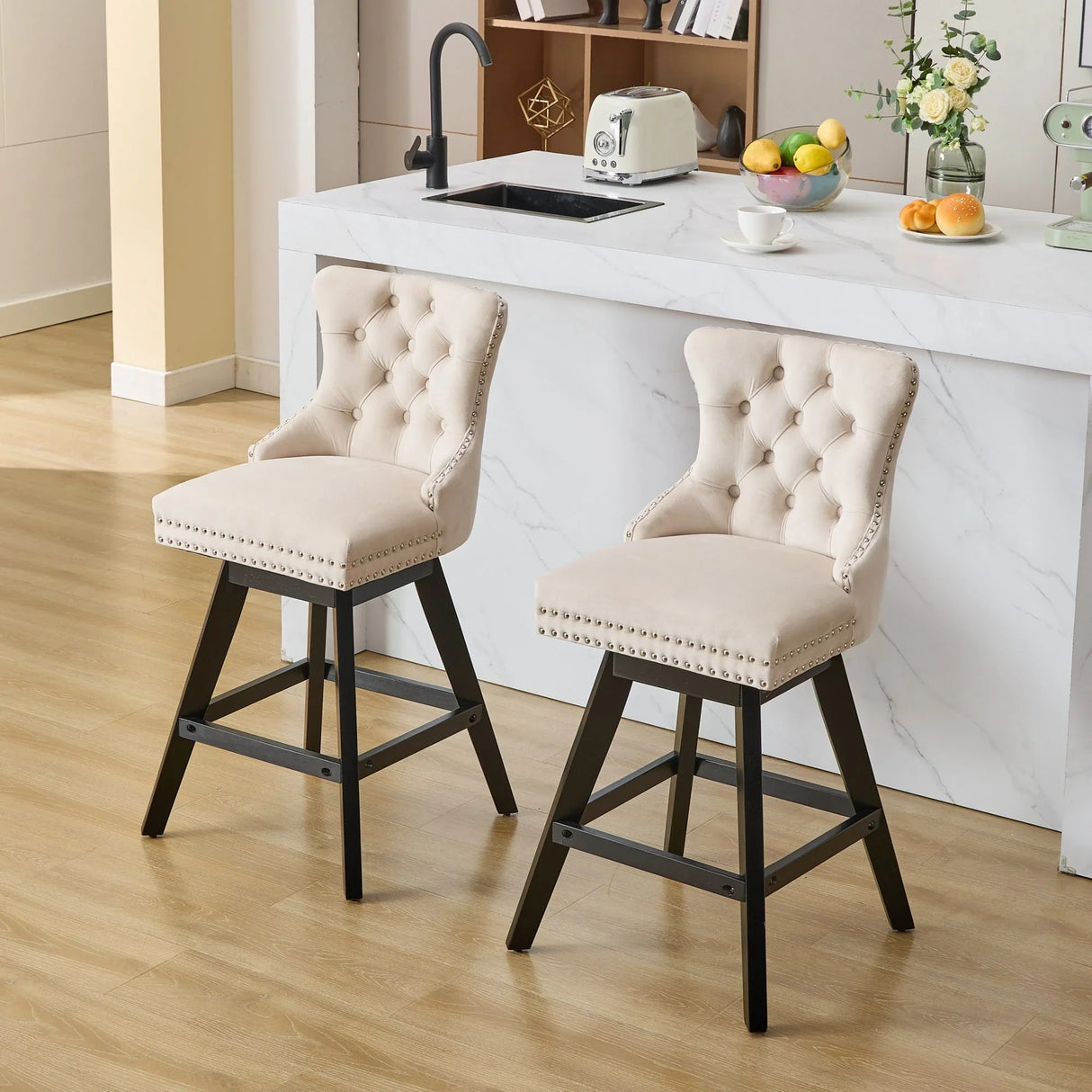 Bar Stools Counter Height Velvet Upholstered Set of 2 Beige - Furniture Home Direct