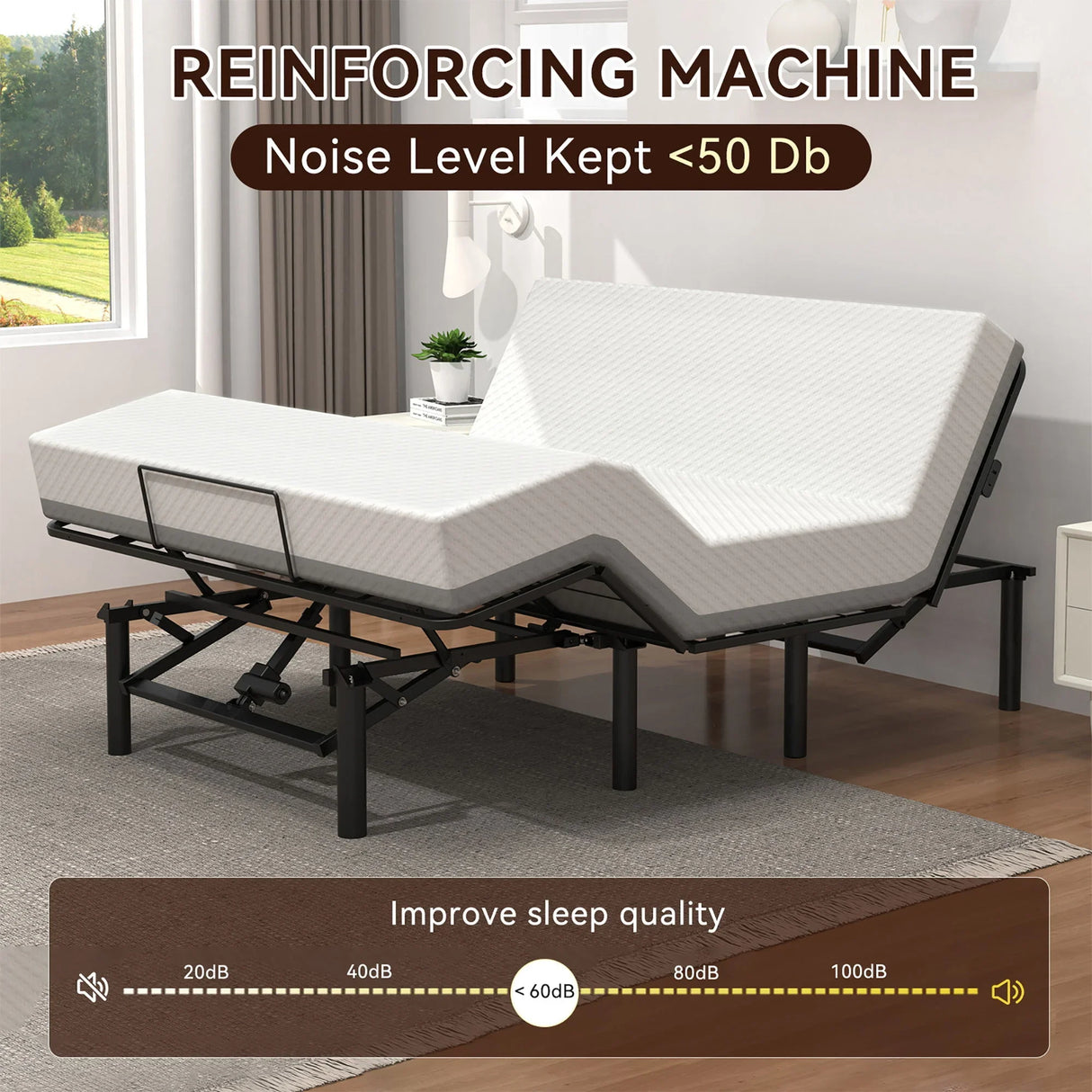 Adjustable Bed Base Frame With Head And Foot Incline, Quiet Motor, Queen Size Steel, Dual USB A, C Ports - Black - Furniture Home Direct
