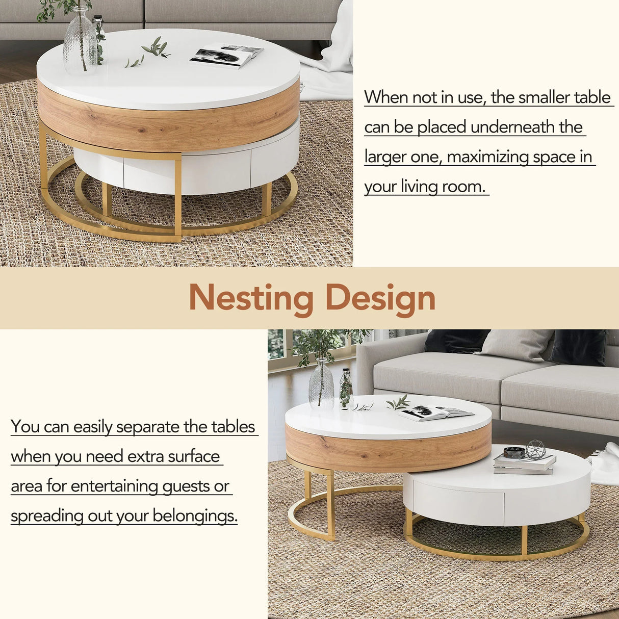 Nesting Coffee Tables Lift Top With 2 Drawers White Natural - Furniture Home Direct