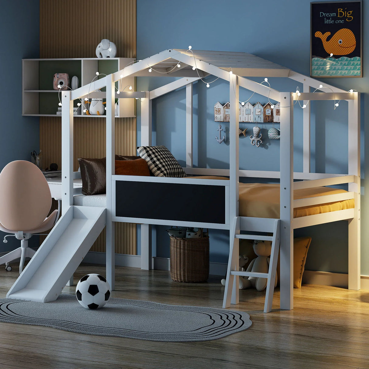 Loft House Bed With Ladder And Slide, With Blackboard And Light Strip On The Roof - Furniture Home Direct