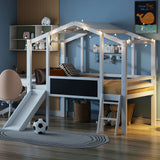 Loft House Bed With Ladder And Slide, With Blackboard And Light Strip On The Roof - Furniture Home Direct