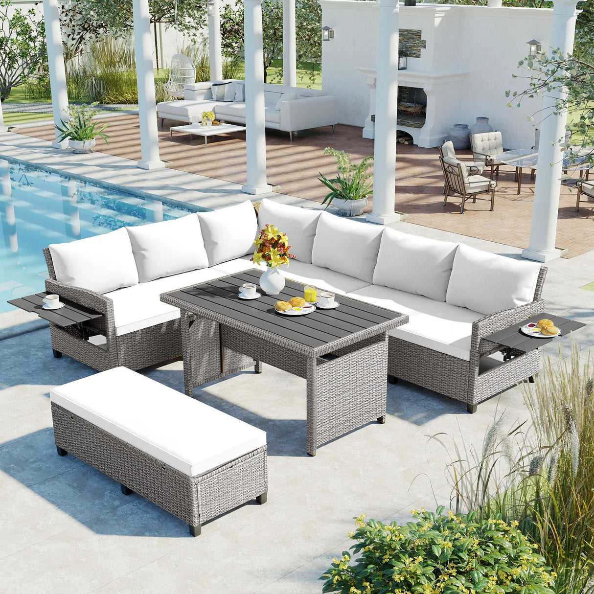Outdoor Rattan Sectional With 2 Extendable Side Tables and Washable Covers - Furniture Home Direct