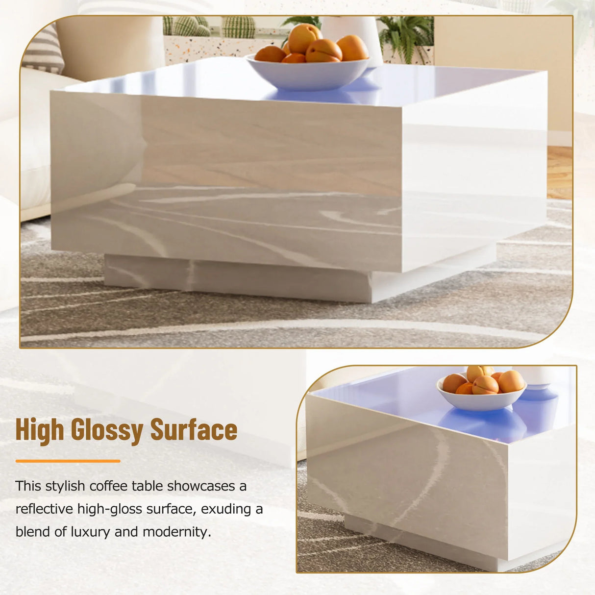 Square High Glossy Coffee Table With 16 Color Led Strip Lights, Modern Center Table With 5Mm Frosted Tempered Glass Top For Living Room - Furniture Home Direct