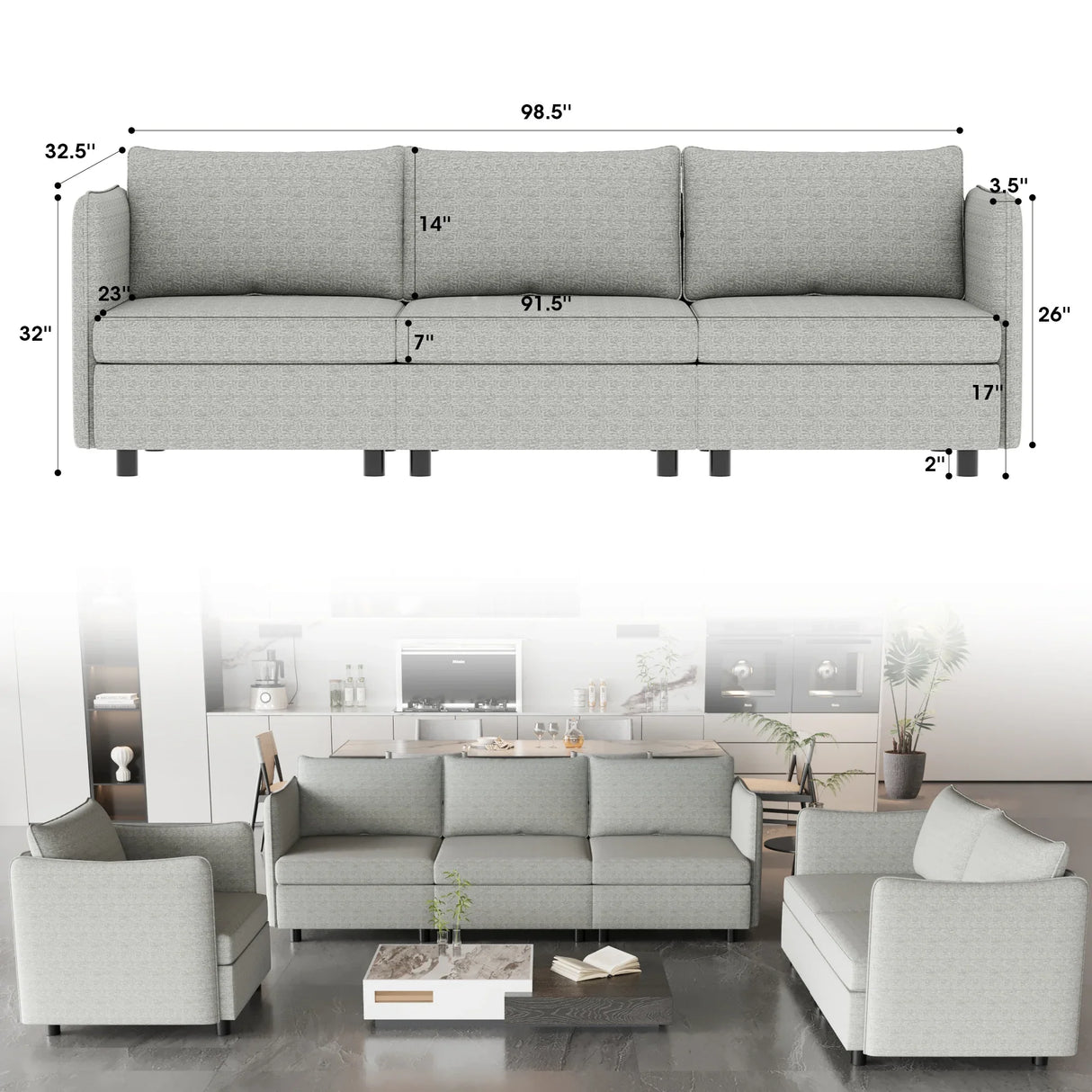 3 Pc Modular living room Set With Different Configurations, Light Gray - Furniture Home Direct