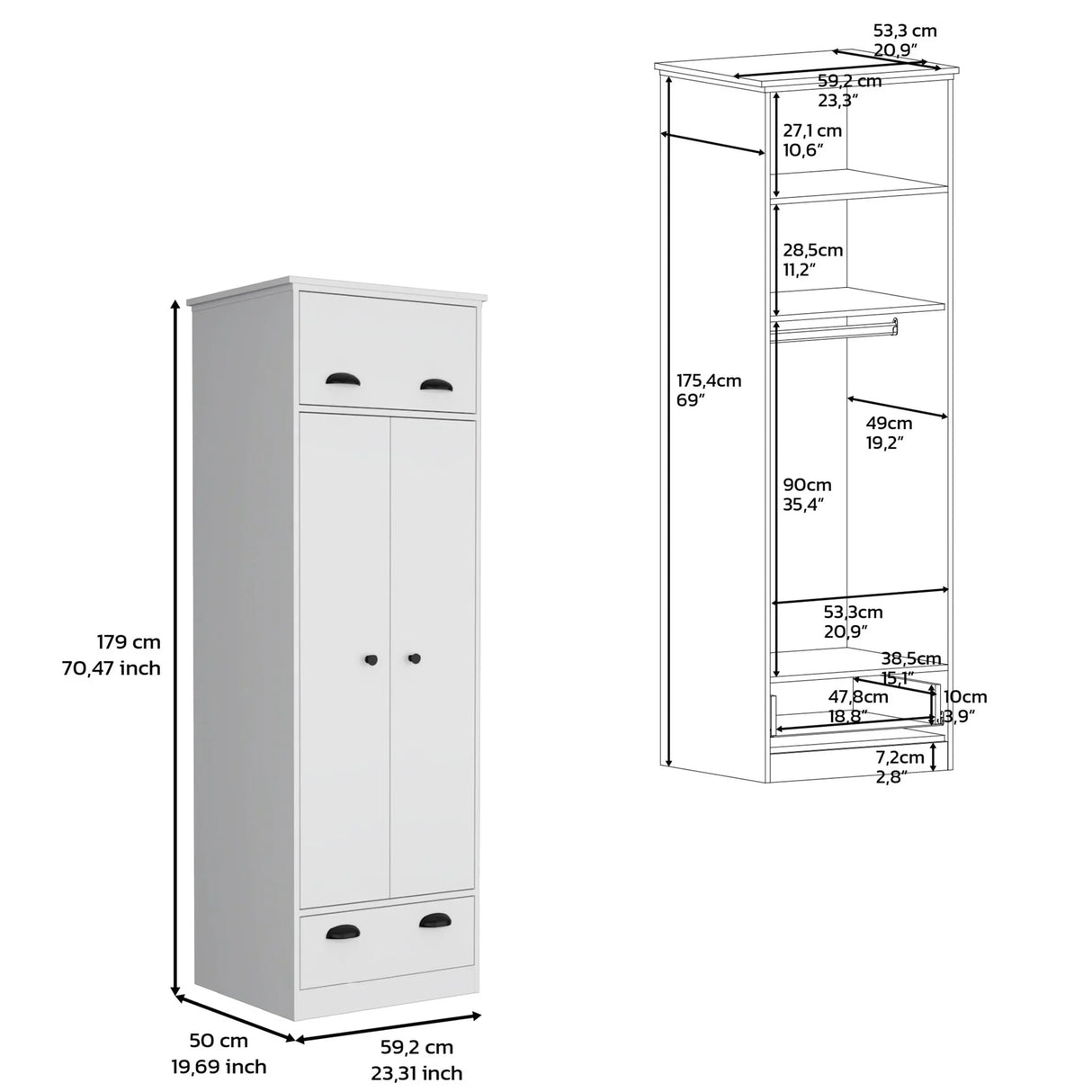 Dresser Closet With Upper Storage Covered With 1 Door, 2 Central Shelves, 1 Tube For Hanging Clothes Covered By 2 Doors, 1 Drawer At The Bottom - White - Furniture Home Direct