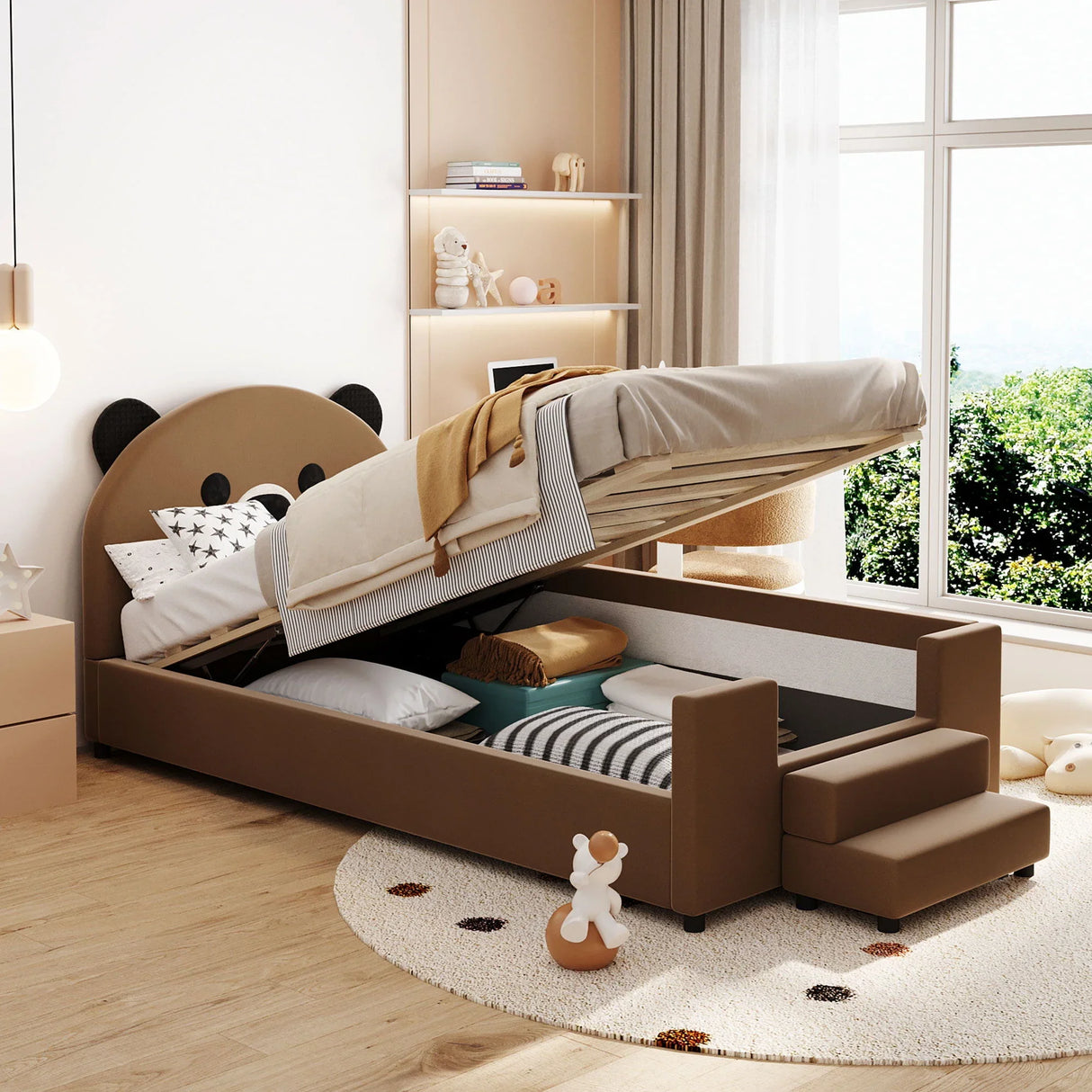 Upholstered Daybed With Bear Shaped Headboard, Hydraulic System And Breathable Mesh Fence - Furniture Home Direct
