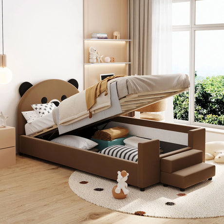 Upholstered Daybed With Bear Shaped Headboard, Hydraulic System And Breathable Mesh Fence - Furniture Home Direct