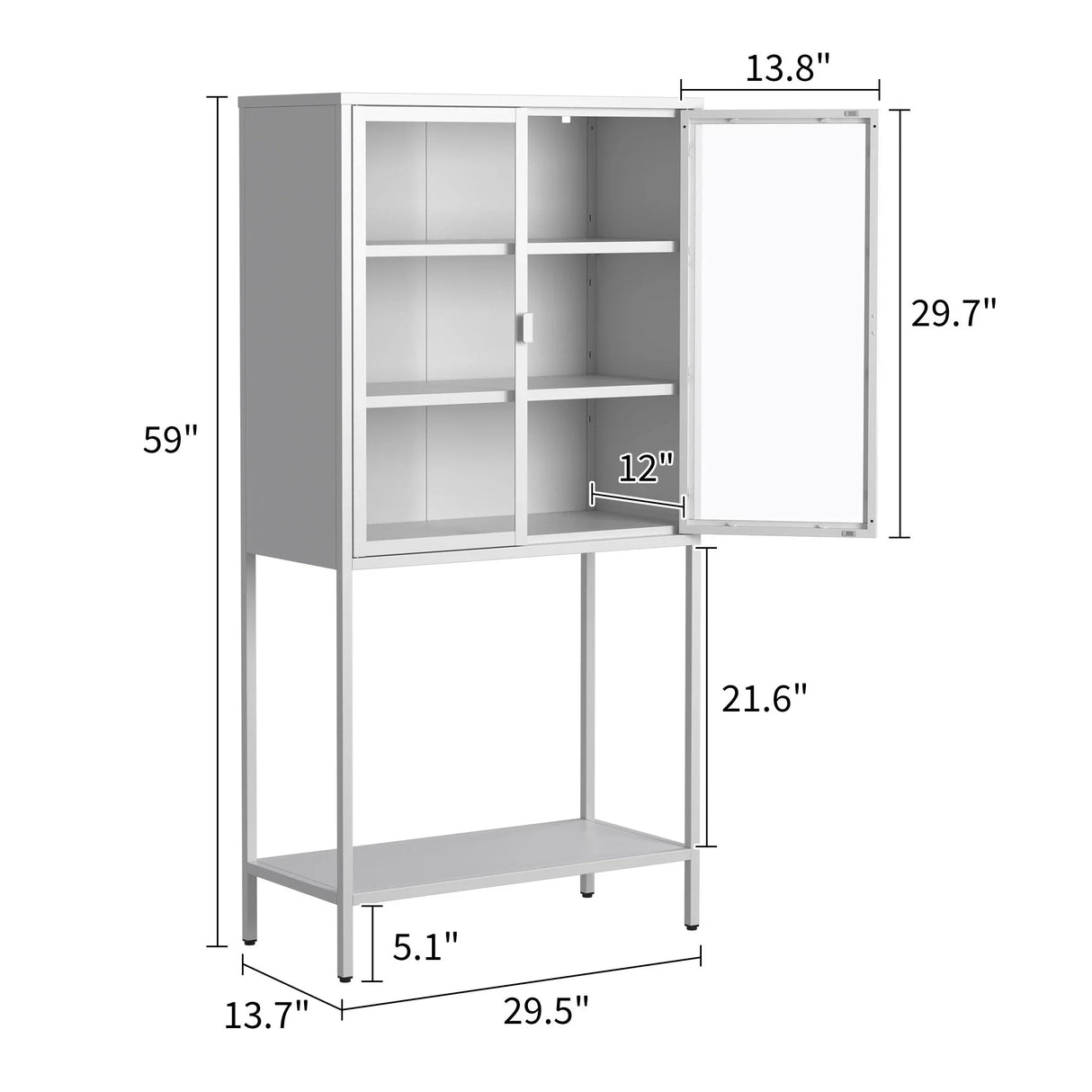 Heavy Duty Metal Storage Cabinet, Display Storage Cabinet With Glass Doors And 2 Adjustable Shelves, Tall Bookcase Modern Bookshelf Cabinet For Home Office, Living Room, Pantry - Furniture Home Direct