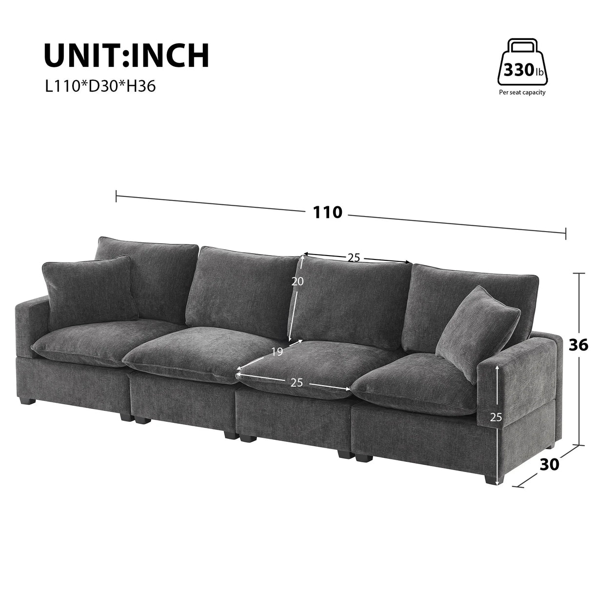 Modern Modular Sofa, 4 Seat Chenille Sectional Couch Set With 2 Pillows Included, Freely Combinable Indoor Funiture For Living Room, Apartment, Office - Furniture Home Direct