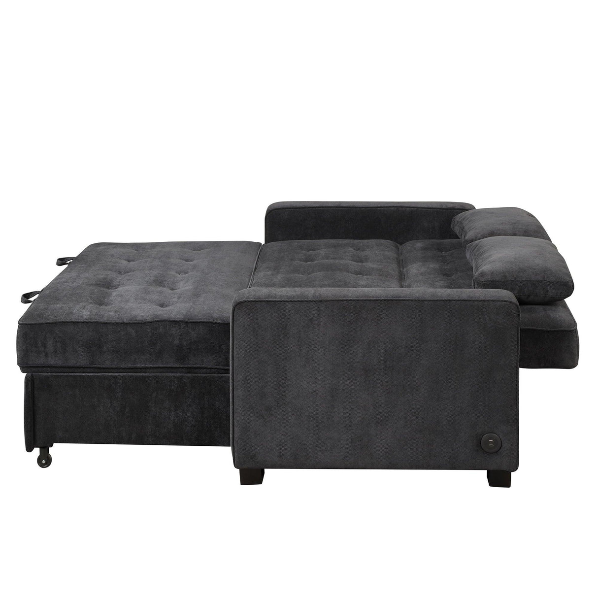 66.5" Upholstered Loveseat With Pull Out Bed, Two Throw Pillows, Dual USB Charging Port and Adjustable Backrest - Black - Furniture Home Direct