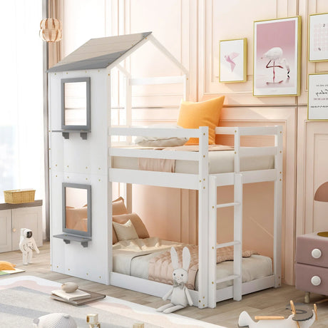 Bunk Bed Wood Bed & Roof, Window, Guardrail, Ladder - Furniture Home Direct