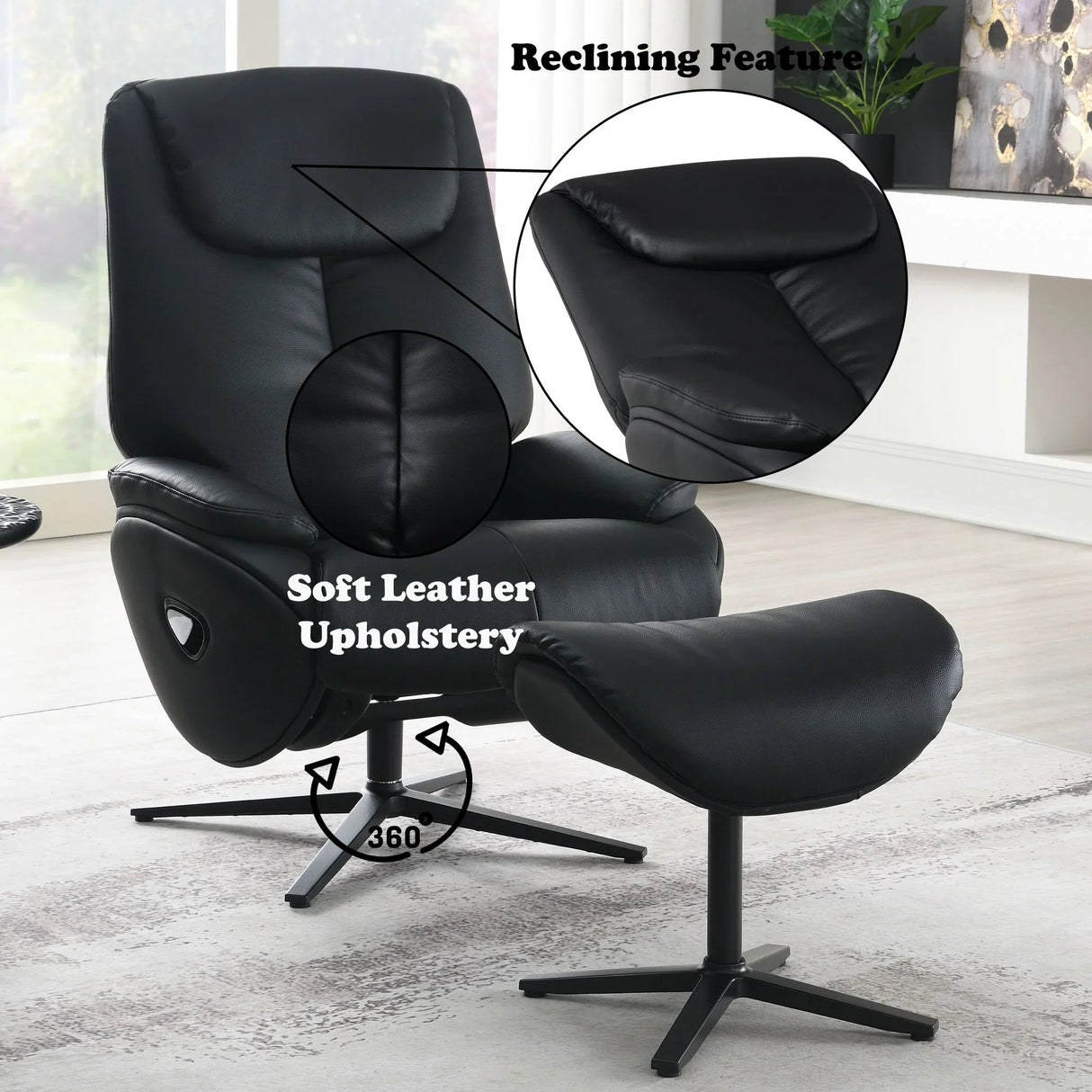 Labotina - Top Grain Leather Accent Chair With Swivel & Ottoman - Black - Furniture Home Direct