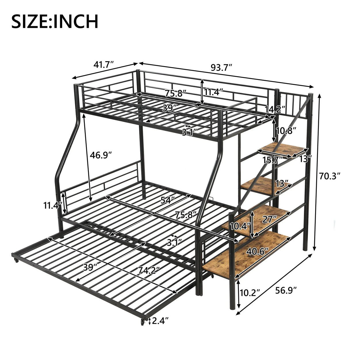 Metal Bunk Bed With Trundle And Storage Staircase - Furniture Home Direct