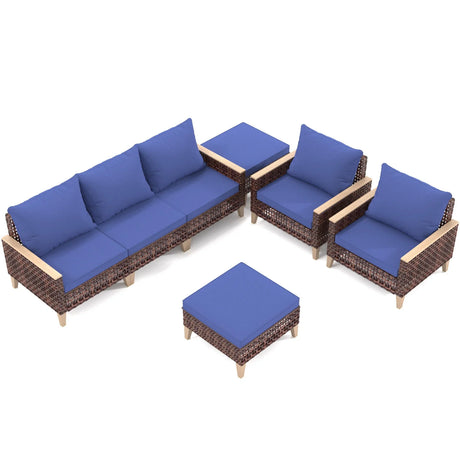 7 Pieces Patio, Wicker Dining Set With Removable Cushions Cotton And Rattan - Blue - Furniture Home Direct