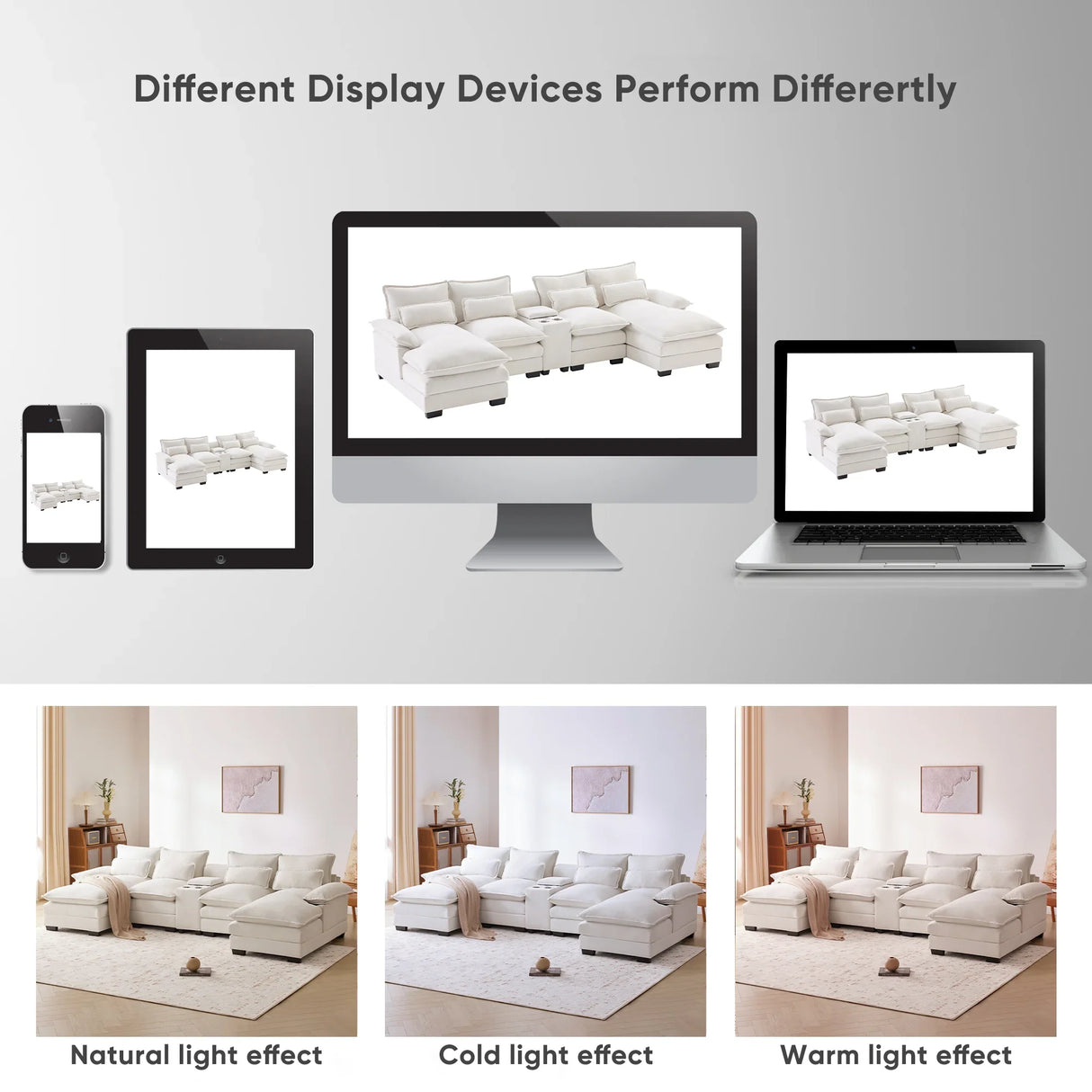U Shaped Sectional Sofa With Console And Cupholders White - Furniture Home Direct