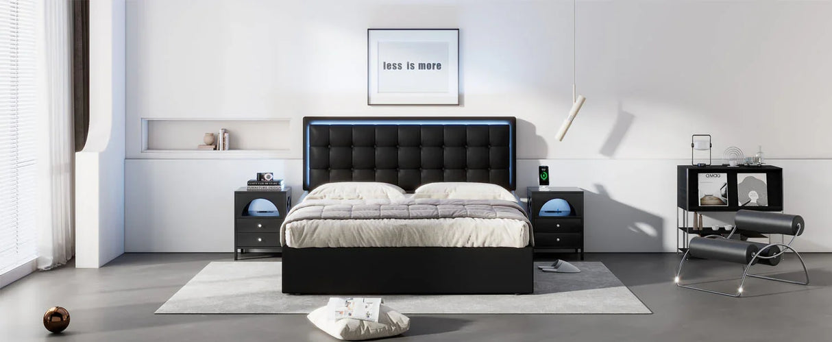 Storage Platform Bed Tufted Upholstered with LED Black - Furniture Home Direct