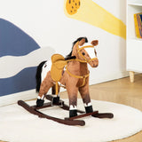 Qaba - Kids Metal Plush Ride-On Rocking Horse Chair Toy With Realistic Sounds - Dark Brown / White - Furniture Home Direct