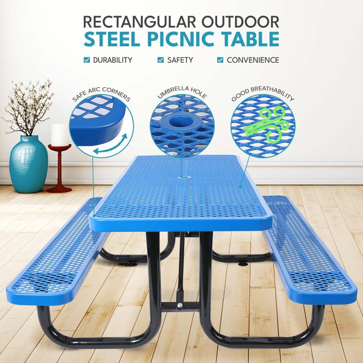 Outdoor Steel Picnic Rectangular Table With Umbrella Pole - Furniture Home Direct