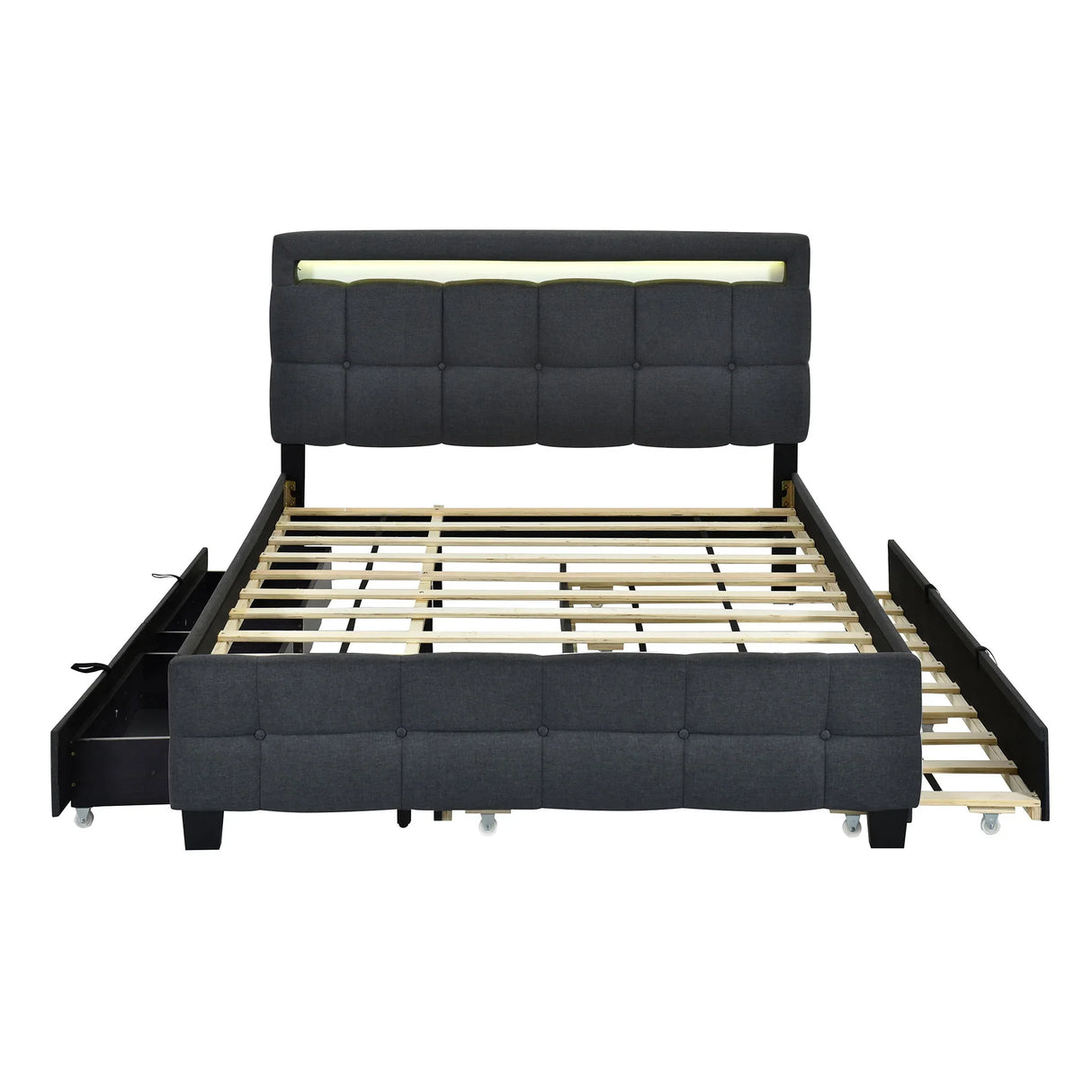 Upholstered Platform Bed With LED Frame, With Trundle And 2 Drawers - Furniture Home Direct