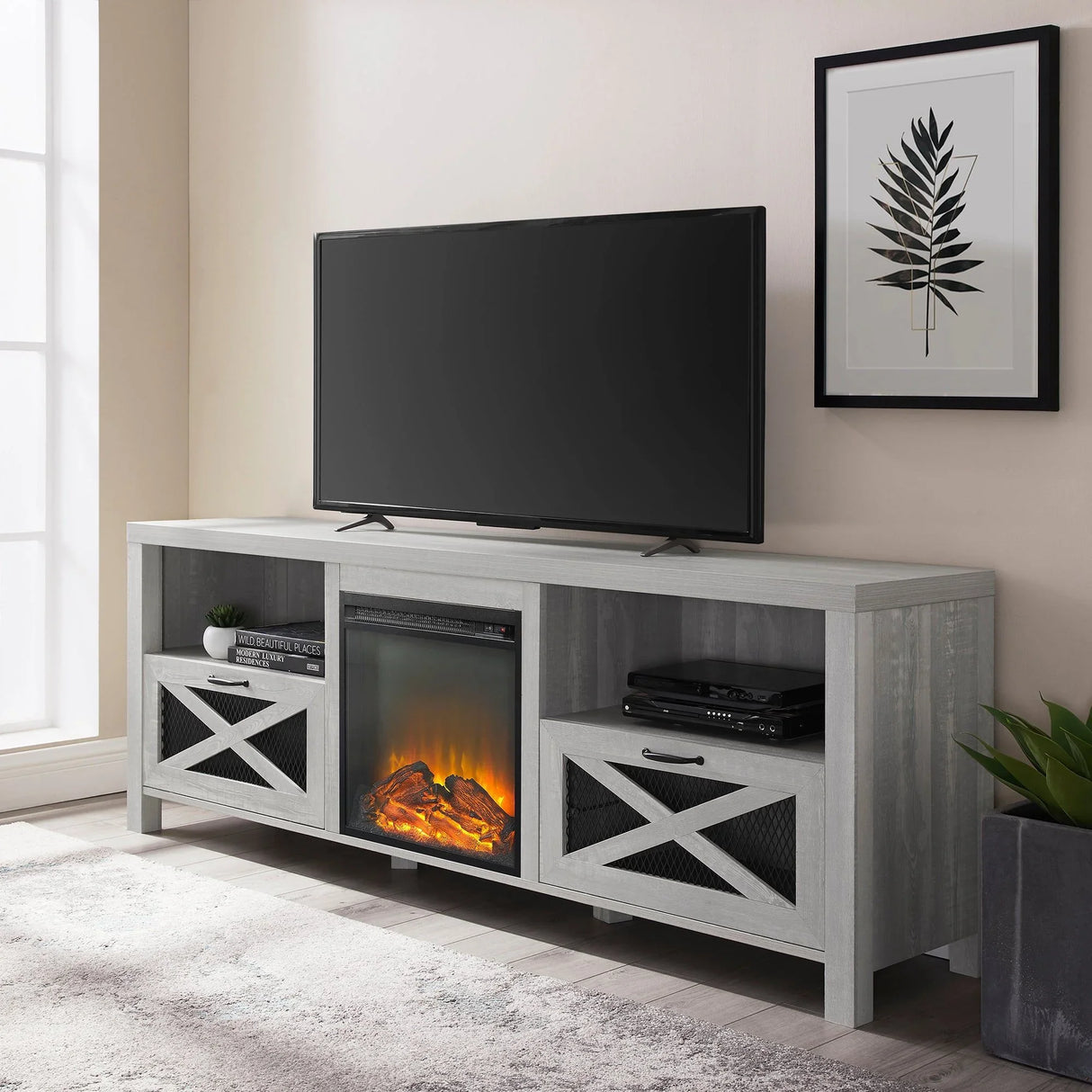 Industrial Farmhouse Metal Mesh Drop Down X Door Fireplace TV Stand - Furniture Home Direct
