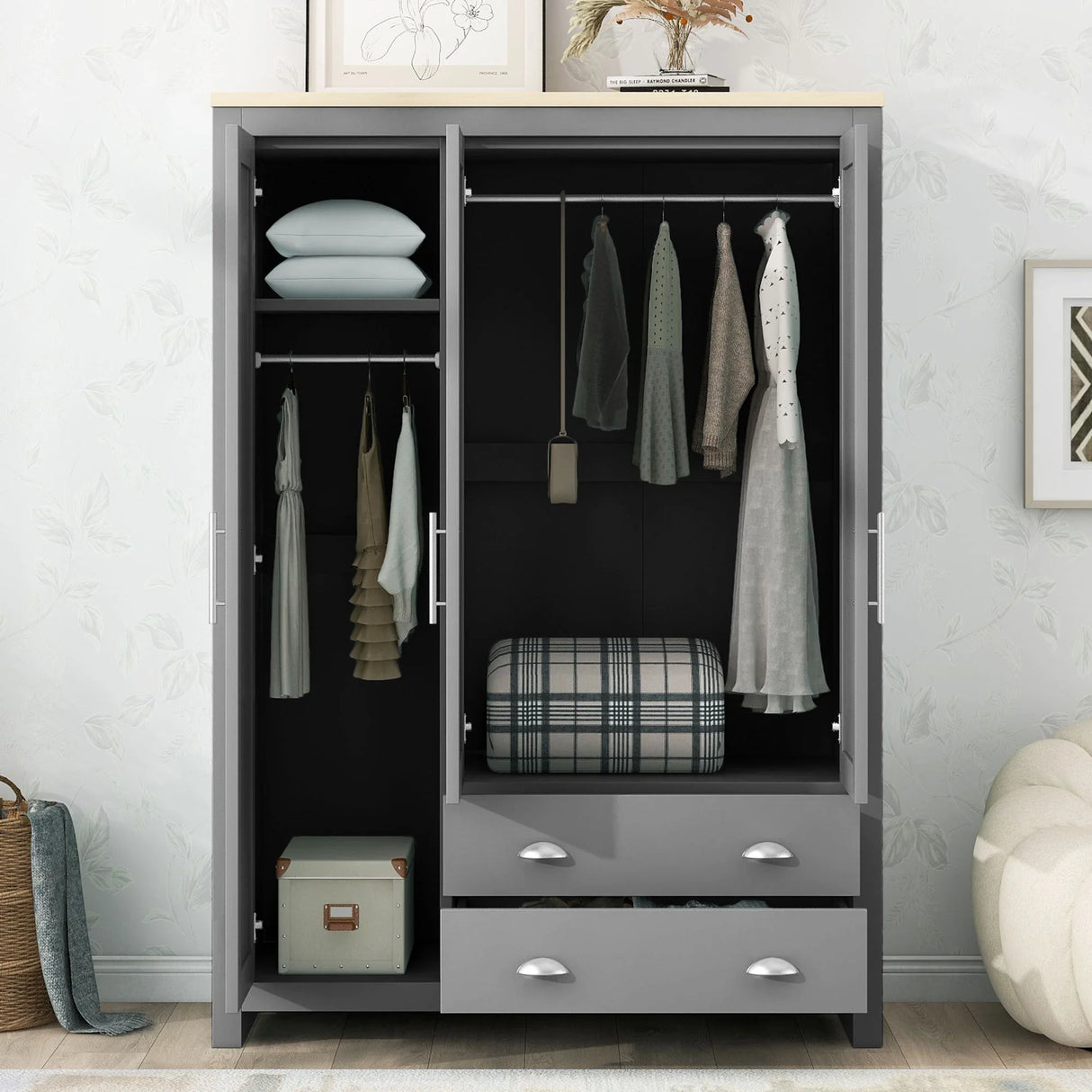 3 Door Storage Wardrobe With Cabinets And 2 Hanging Rods - Gray - Furniture Home Direct