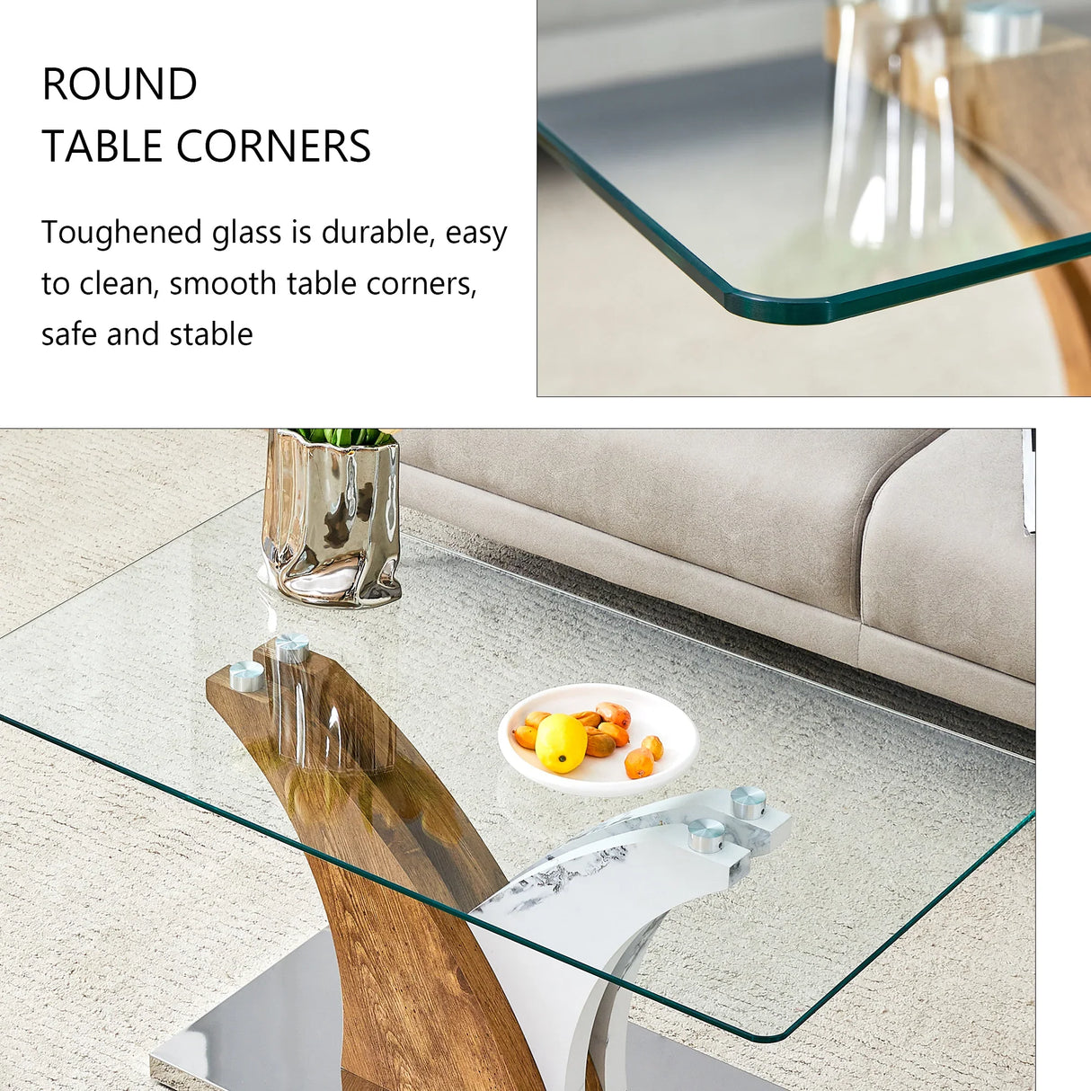 Coffee Table Glass Top With Wooden Base Modern Brown - Furniture Home Direct