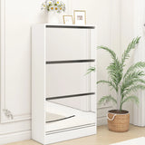Narrow Shoe Storage Cabinet With Mirror, Wood Slim Shoe Rack 3 Tier Shoe Organizer For Home And Apartment - White - Furniture Home Direct