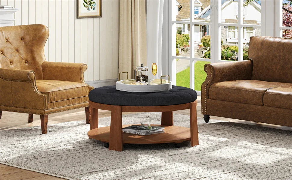 Round Ottoman Coffee Table Oversized Tufted Wood Base Black - Furniture Home Direct