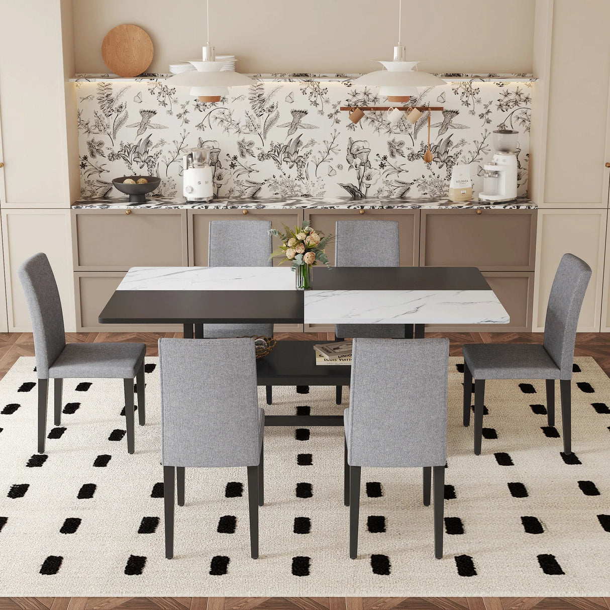 Dining Set Modern With Marble Top Table For Six Gray - Furniture Home Direct