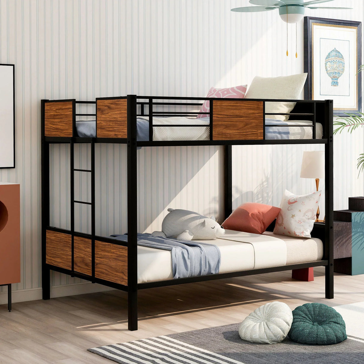 Full Over Full Bunk Bed Modern Style Steel Frame Bunk Bed With Safety Rail, Built-In Ladder For Bedroom - Brown - Furniture Home Direct