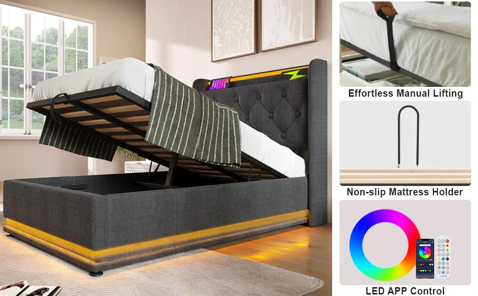 Twin Upholstered Bed 360 Surround LED Lighting USB C Gray - Furniture Home Direct