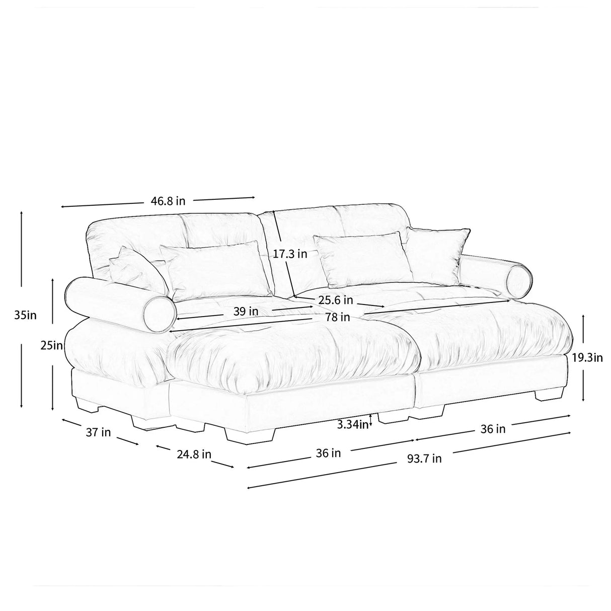 Modern Sectional Sofa With Ottoman, Round Bolster Armrests, Waist And Throw Pillows - Furniture Home Direct