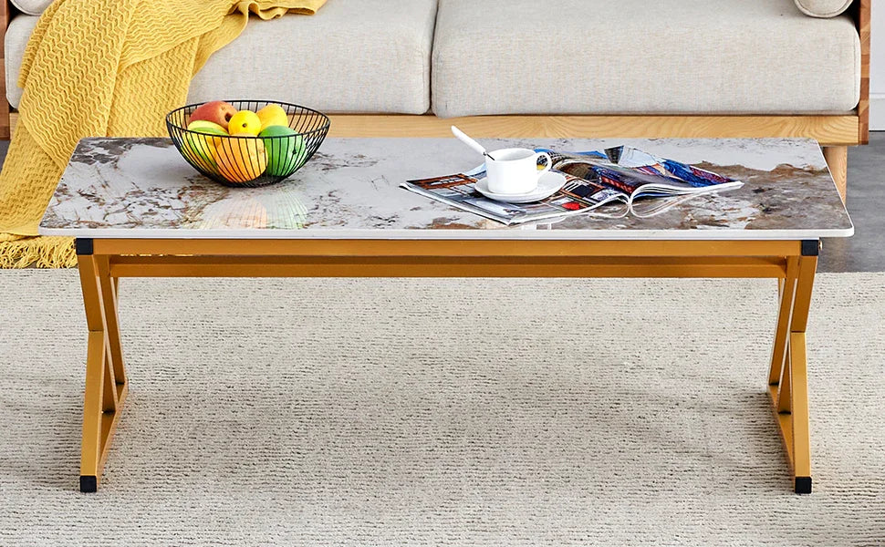 Coffee Table Marble Pattern Rectangular Gold Frame White - Furniture Home Direct