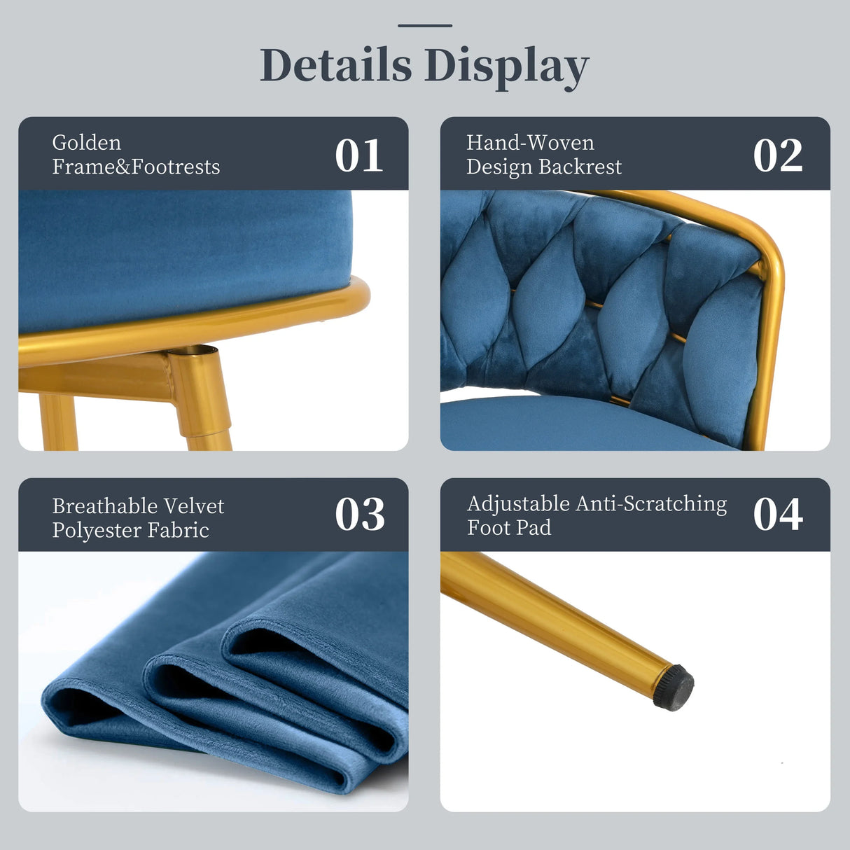 Counter Height Bar Stools Pair Tufted Gold Frame Blue - Furniture Home Direct