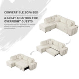 Convertible Sleeper, Sectional Pull Out Sofa Bed With Storage Ottoman, 2 Throw Pillows, 2 Stools, Wireless Charger And Two Hidden USB Ports For Living Room - Furniture Home Direct