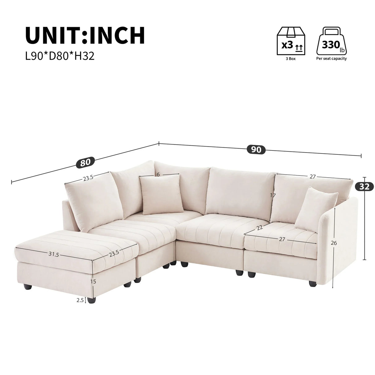 Modern Sectional Sofa With Vertical Stripes, 2 Pillows, 5 Seat Couch With Convertible Ottoman, Various Combinations, L-Shape Indoor Furniture For Living Room - Furniture Home Direct