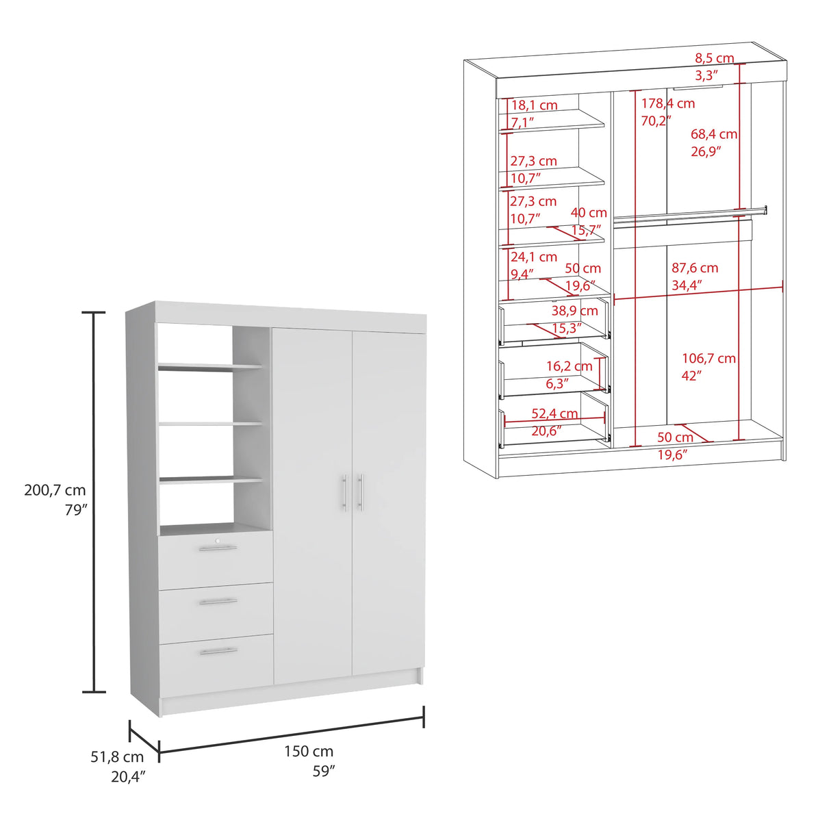 Wardrobe With Nightstand And Shelves Drawers Large White - Furniture Home Direct