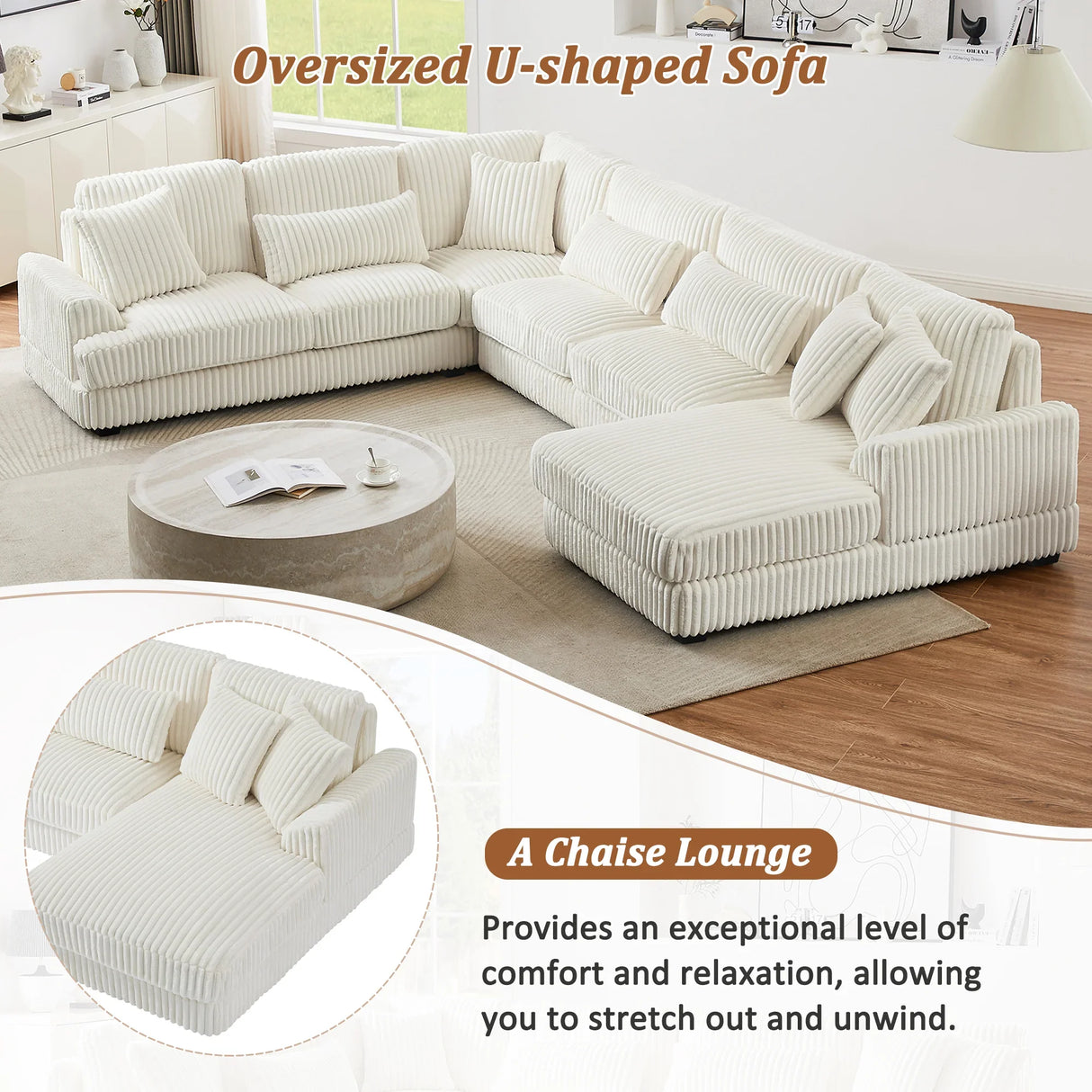 Sectional Sofa U Shaped Oversized With Chaise Beige - Furniture Home Direct