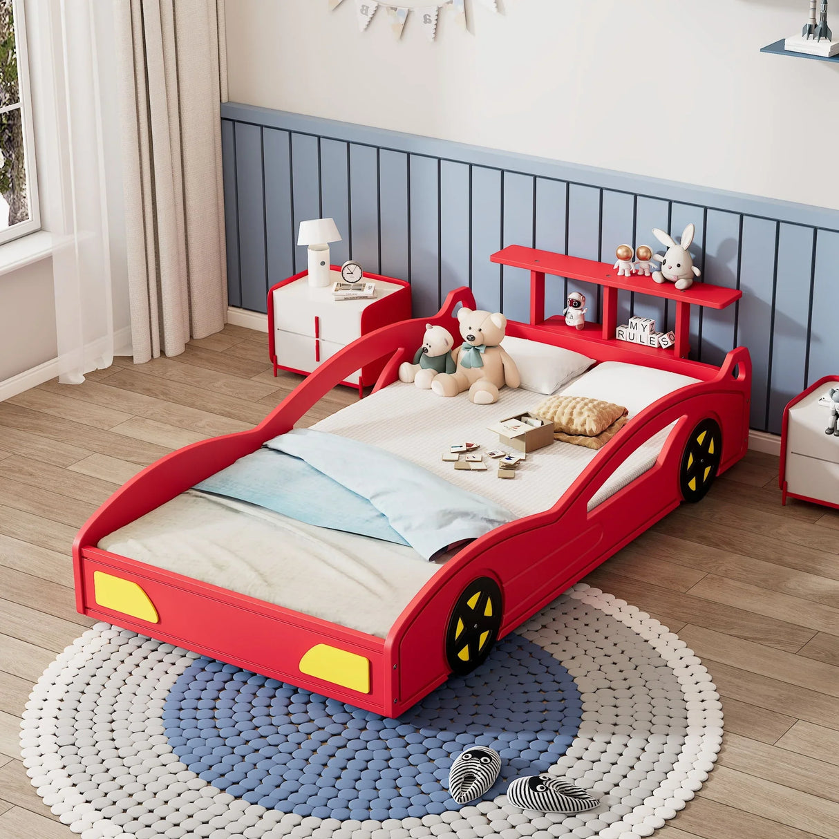 Wooden Race Car Bed, Car Shaped Platform Twin Bed With Wheels For Teens - Furniture Home Direct