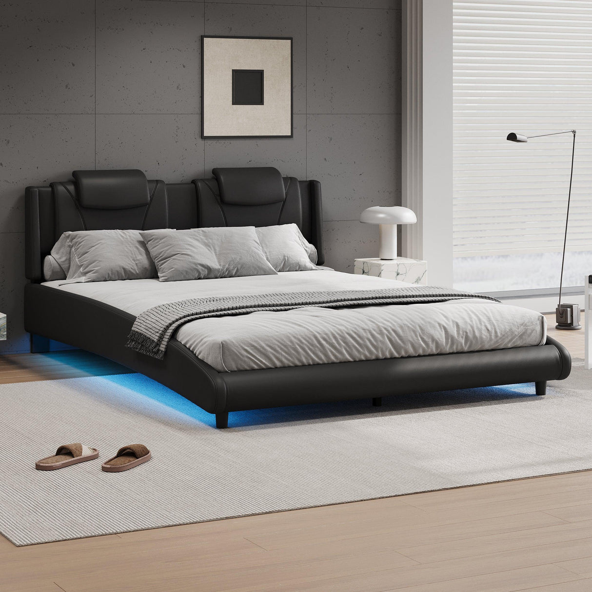 Platform Bed Leather Upholstered Headboard LED Black - Furniture Home Direct