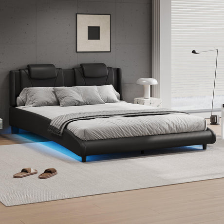 Platform Bed Leather Upholstered Headboard LED Black - Furniture Home Direct