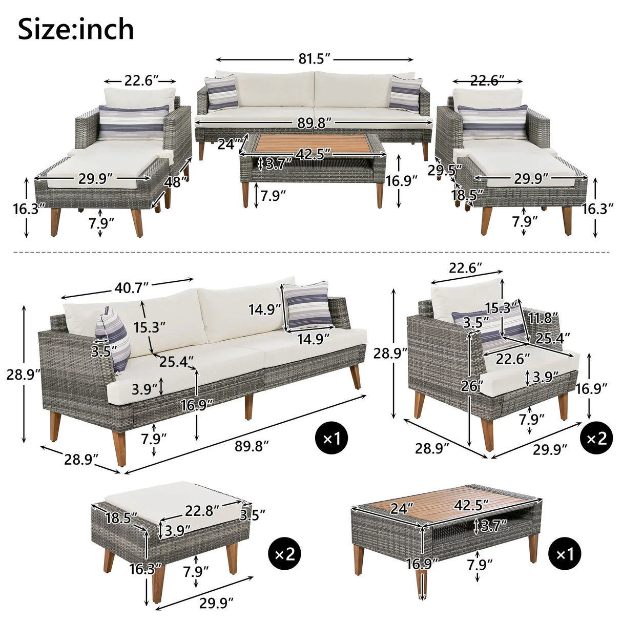 6 Pieces All Weather Sofa Set, Outdoor Rattan Sofa With Double Cushions - Furniture Home Direct