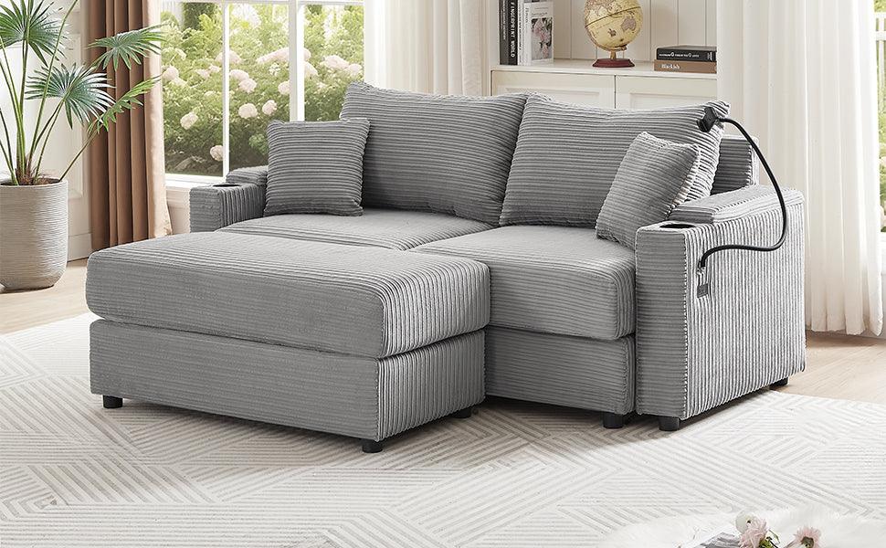 Modern Style Loveseat With Storage, Ottoman, Two USB Ports, Two Cup Holders and Phone Holder - Gray - Furniture Home Direct