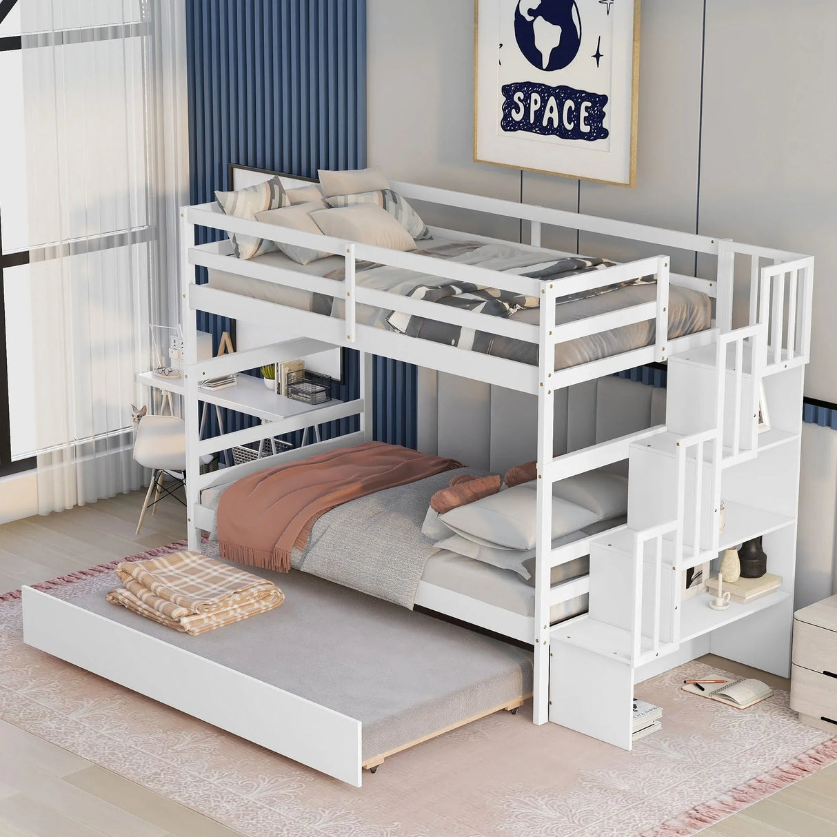 Twin Over Twin Bunk Beds With Twin Trundle And Stairway Storage Function - Furniture Home Direct