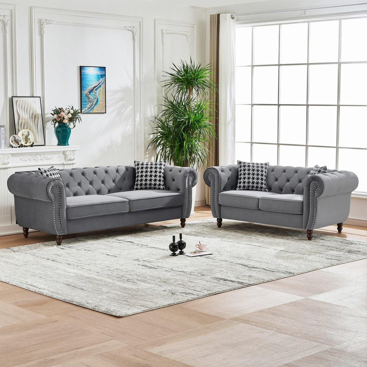 Chesterfield 3 And 2 Seater Velvet Upholstery Sofa With Roll Armrest & Nailhead Fabric Couch - Furniture Home Direct