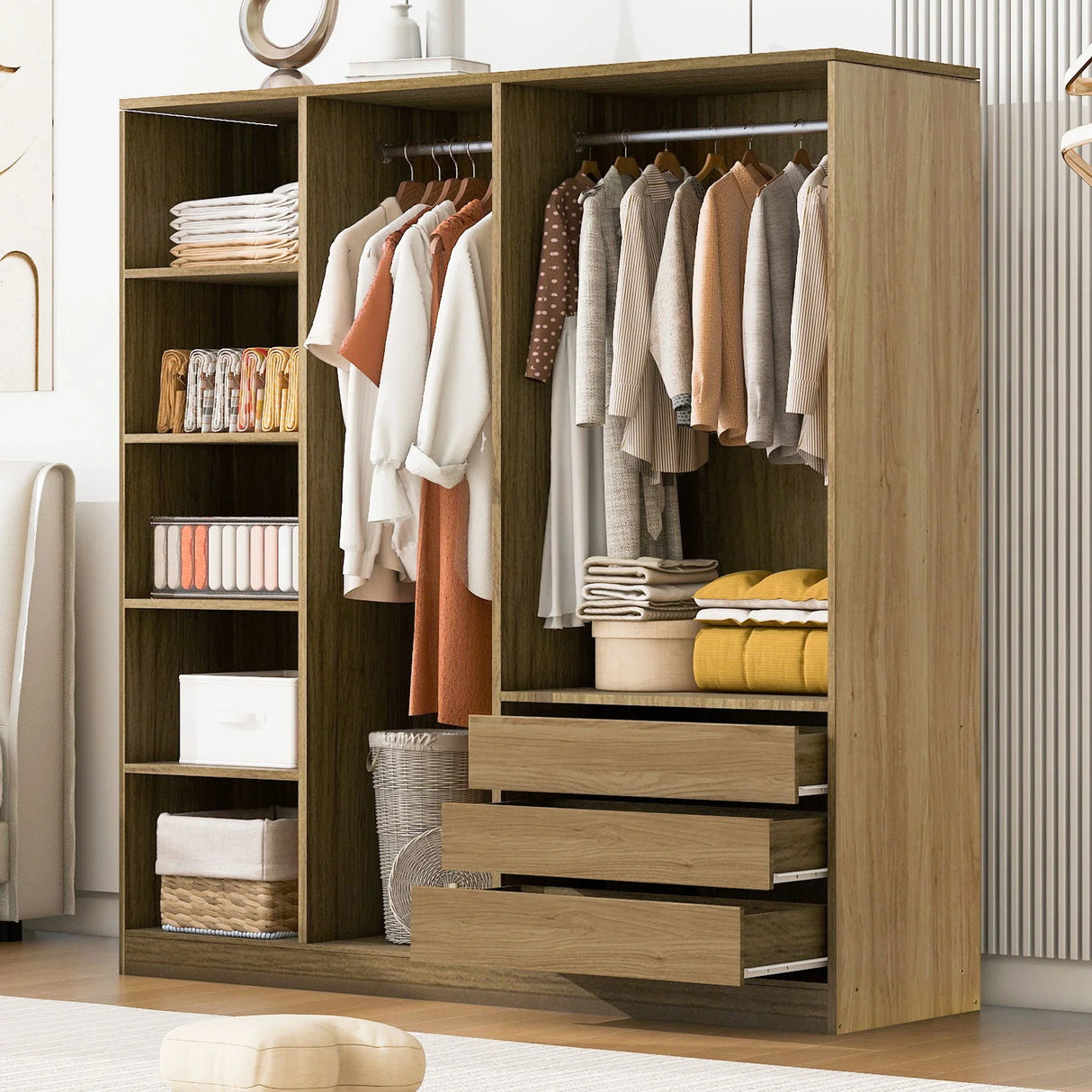 Doorless Storage Wardrobe For Dedroom With Shelves And 3 Drawers - Furniture Home Direct