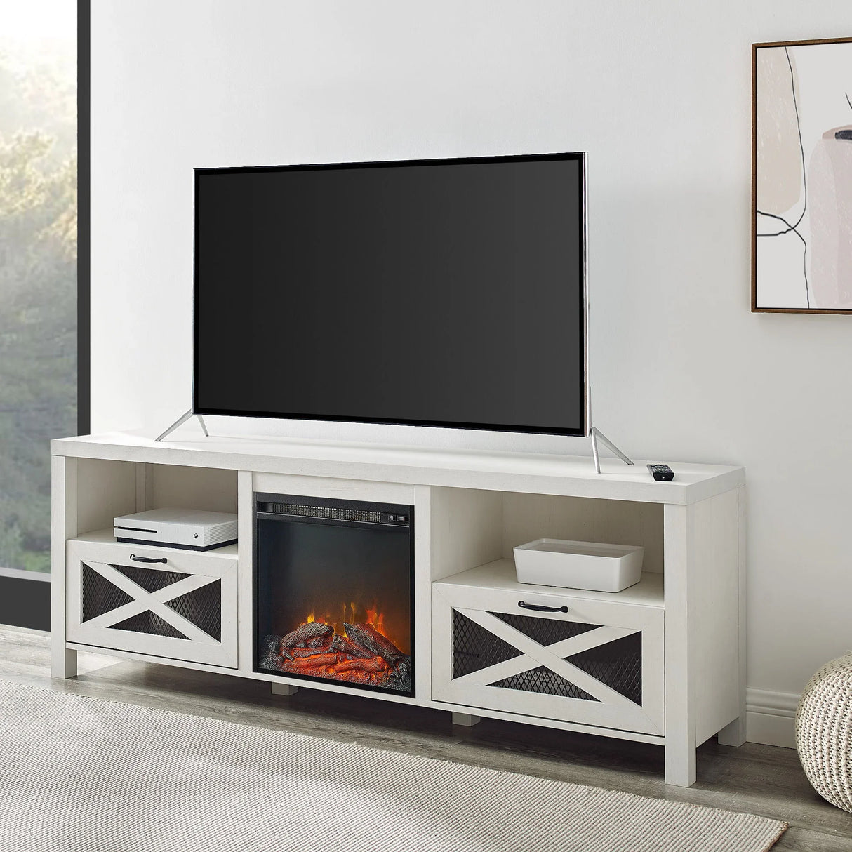 Industrial Farmhouse Metal Mesh Drop Down X Door Fireplace TV Stand - Furniture Home Direct
