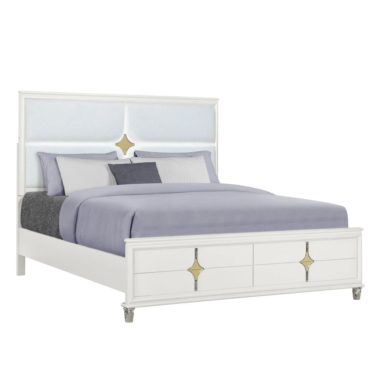 Uriuni - 5 Piece King Bedroom Set With Panel Headboard And LED Lighting - Gold / White - Furniture Home Direct